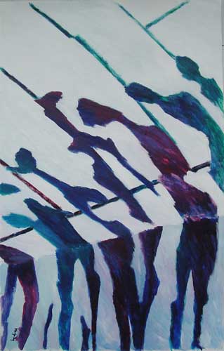 Marja de Jong acrylic painting on paper, title at the railway station 1