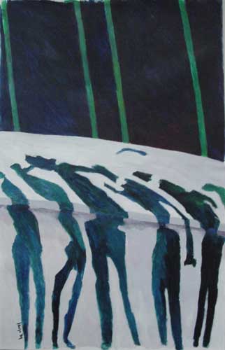 Marja de Jong acrylic painting, title at the railway station 2