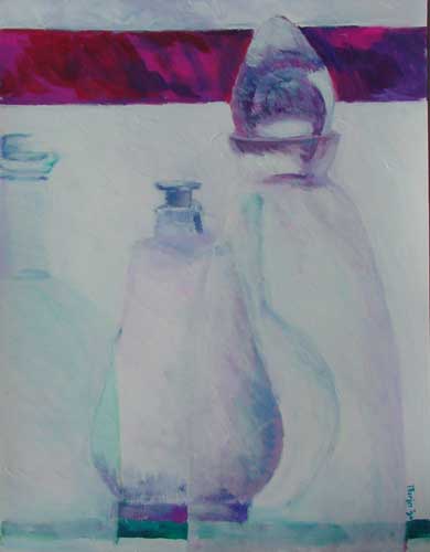 arja de Jong acrylic painting on paper, title bottles